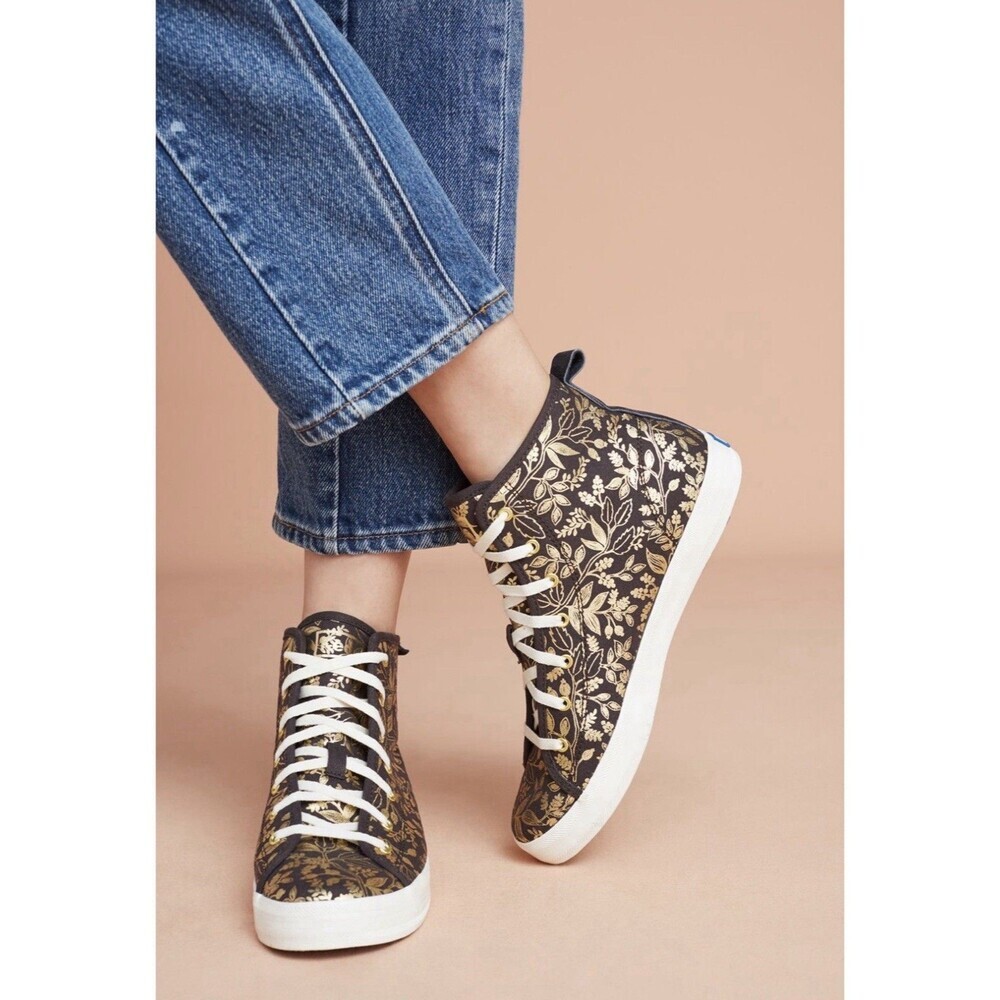 Keds x Rifle Paper Co. Queen Anne High Top Floral Gold Foil Canvas Sneakers 8